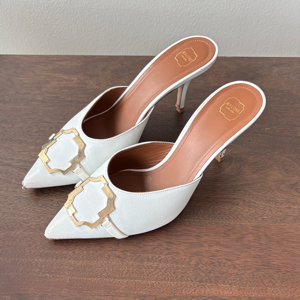 Malone Souliers Mona Mule Pumps EU 38.5 / US 8 White Leather Pointed Toe Heels